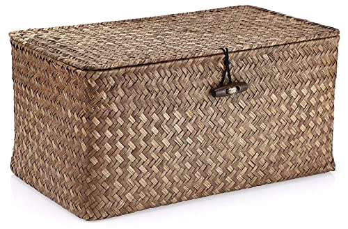 Hipiwe Wicker Shelf Baskets Bin with Lid, Handwoven Seagrass Basket Storage Bins Rectangular Household Basket Boxes for Shelf Wardrobe Home Organizer, Coffee Medium