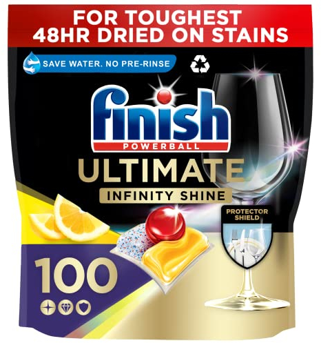 Finish Dishwasher Tablet, Ultimate Infinity Shine, 100 Tablets, Lemon Sparkle, Clean & Shine Detergent Tabs, Tough on Grease Stains, Effective for Short Eco Cycle