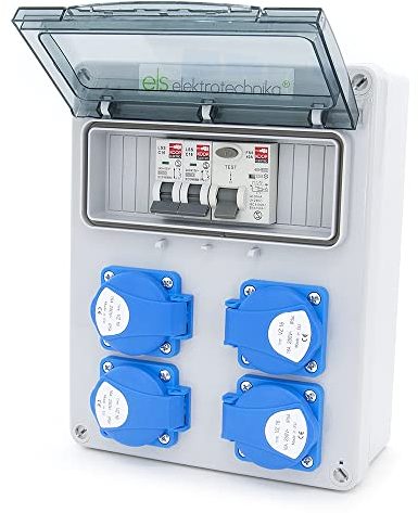 ELS Elektrotechnika Baustromverteiler Wandverteiler Verteiler Schuko 4x230V + Sicherungen 2x LS C16 + Fehlerstromschalter FI 40/2/0.03A, für In-/Outdoor-Bereich, IP54 Verdrahtet, Anschlussfertig