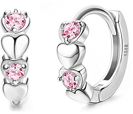 JeweBella 925 Sterling Silber Kleine Creolen Herz für Damen Mädchen Ohrringe Bunt Zirkonia Herz Hypoallergen Sleeper Knorpel Ohrringe Creolen Rosa Lila Blau Weiß für Kinder Frauen