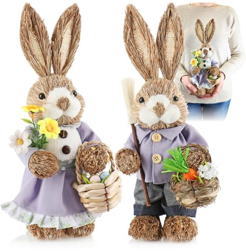 com-four® 2X XL Stroh Osterhase handgemacht, 33 cm Deko-Osterhase | Strohfiguren für Ostern - Deko-Hase aus Stroh - handgefertigte Hasen