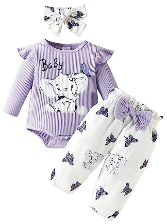 SoLu DAY8 Vetement Bébé Fille Ete Ensemble Garcon Naissance Printemps Chemise Blouse T Shirt Fille Manche Longue Haut Top Body Combinaison Bowknot Pantalon Bandeau (6-12 mois, Violet-4)