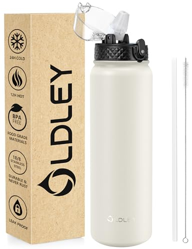 OLDLEY Edelstahl Trinkflasche mit Strohhalm, 1L Isolierte Trinkflasche, Thermosflasche BPA-freie - Auslaufsicher Metall Wasserflaschen Hält Heiß und Kalt für Sport Gym Schule (Beige,1 Deckel)