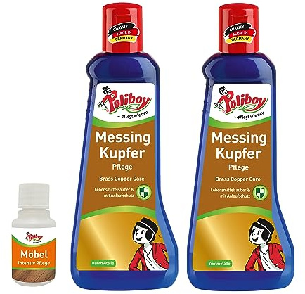POLIBOY Messing Kupfer Pflege - Glanzpolitur zur Entfernung von Anlaufstellen - 2x 200 ml - Mit Produkt-Probe - Made in Germany