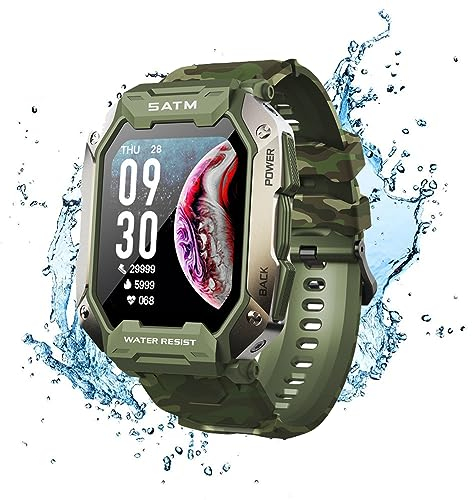 Smartwatch Herren Damen 50 Meter Wasserdichtigkeit Fitnessuhr Sportuhr Bluetooth-Anrufe mit Herzfrequenz-Schlafmonitor 7 Tage Lange Akkulaufze Itmehrfach Sportmodi für IOS Android Camouflage Grün