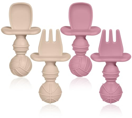 Aolso Tenedor y Cuchara para Bebé, Cubiertos de Aprendizaje para Bebés，4pcs Juego de Cuchara y Tenedor de Silicona, Juego de Cubiertos para Bebé para la Autoalimentación del Bebé-beige/rosa