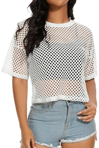 Women's Mesh Fishnet Top Short Sleeve T Shirts Sheer Cover Up,White,M