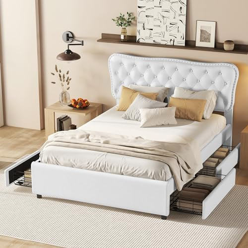 Polsterbett 140x200 mit Vier Schubladen, Einzelbett/Doppelbett, Modern Bett mit Rückenlehne und Lattenrost, Stauraumbett, Jugendbett, Gästebett, Leinen, Weiß (ohne Matratze)