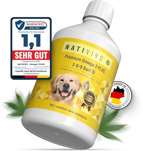 NatiVivo Premium Omega 3-6-9 Hunde Barföl 250ml Omega 3 Boost Fischöl mit Hanfsamenöl 100% natürlich Hochwertige Ergänzung für Barf & Trockenfutter Made in Germany
