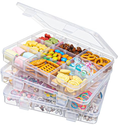 3 PCS Snack Boxes with Compartments for Kids, Small Snack Box with 15 Removable Compartments for travel plane, Plastic Organizer Container with Adjustable Dividers for Snack, Bead, Screw, Nut