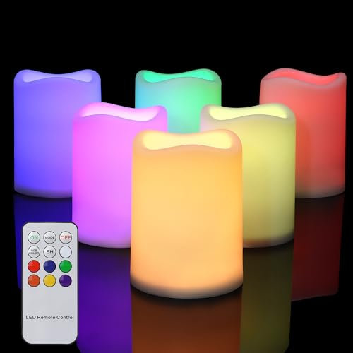 Cibnew LED Kerzen für den Außenbereich,Flammenlose Kerzen mit Timer batteriebetrieben flackernde für Hochzeit Party Home Weihnachten, 6er-Set (RGB)