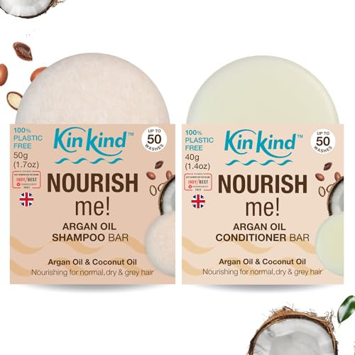 KinKind NOURISH me! Shampoo and Conditioner Bar Set. Argan Oil & Coconut Oil Shampoo Bar and Conditioner for Hydration & Softness, for Normal, Dry and Grey hair. For Travel. Up to 50 washes. UK made
