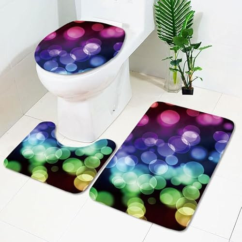Bad Teppiche Set Lila Grüner Kreis Badezimmerteppich Waschbar WC Vorleger mit Ausschnitt und WC Deckelbezug 3 Teilig Badematte rutschfest Toilettensitzbezug Badgarnitur 50x80 cm