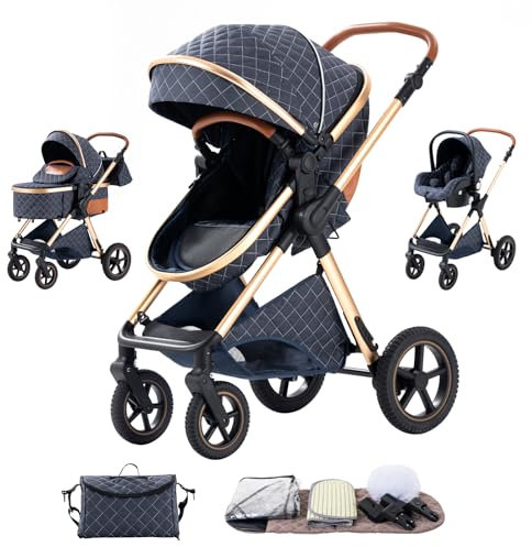 Shineey kinderwagen 3 in 1 Buggy Babybett Komplett Set Einem Klick Zusammenklappbarer Kinderwagen, 3 in 1 KombiKinderwagen Aluminiumrahmen für Neugeborene (H2-BLUE, H2)