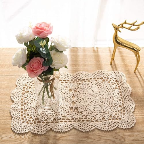 WAVDSYB 2 centrini rettangolari da 26,7 x 43,2 cm, realizzati a mano, in cotone all'uncinetto, tovagliette all'americana (beige)