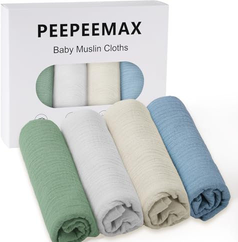 Peepeemax Mulltücher Baby Spucktücher 50x25cm, 4er-Pack 100% Baumwolle Spucktücher Baby für Jungen und Mädchen, Weich, Atmungsaktiv und Extrem Saugfähig Musselin Tuch für Babys, Blau