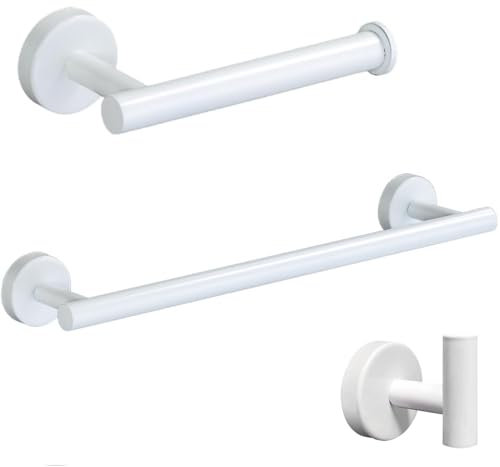 YUET Set di 3 barre portasciugamani da bagno in acciaio inox, per montaggio a parete, porta carta igienica, gancio per accappatoio, bianco