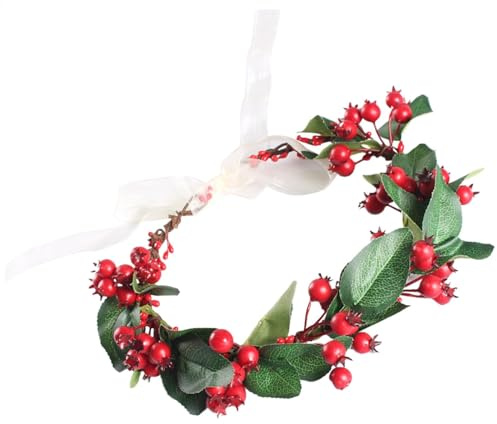 Berry Flower Crown - Holly Berry Leaves Hair Accessories | Boho Handmade Red Berry Wedding Crown For Winter Christmas Holiday