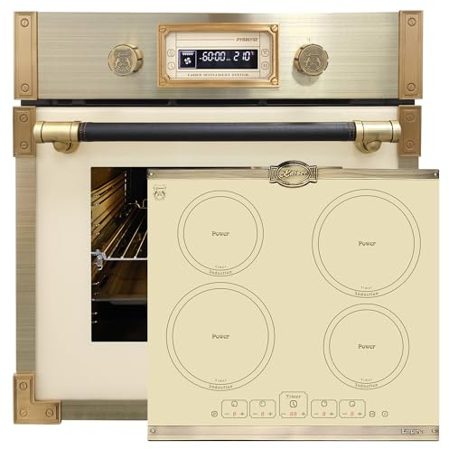 Kaiser Four à pyrolyse EH 6427 ElfAD+KCT 6195 IElfEm, rétro pyrolyse - Four encastrable 73 l - Verre couleur ivoire 60 cm + plaque à induction rétro - Plaques métalliques bronze - 4 QickHeat