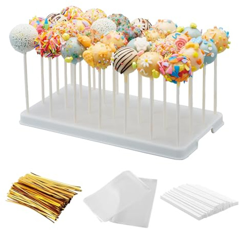 28 Holes Cake Pop Stand for Cake Pops, Lollipop Hold Stand, Cake Pop Display Holder, Candy Pop Holder with 100 Pcs Cake Pop Sticks, 100 Pcs Cake Pop Bags, 100 Pcs Gold Twist Ties (White)