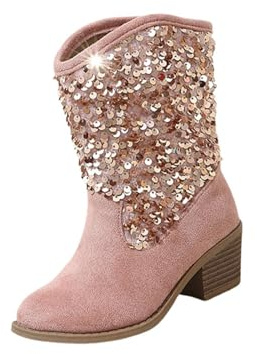 SRTUMEY Bottes de cowboy scintillantes pour filles avec paillettes et strass - Bout pointu - Talon bloc - Bottes d'équitation mi-mollet, Rouge, 32 EU