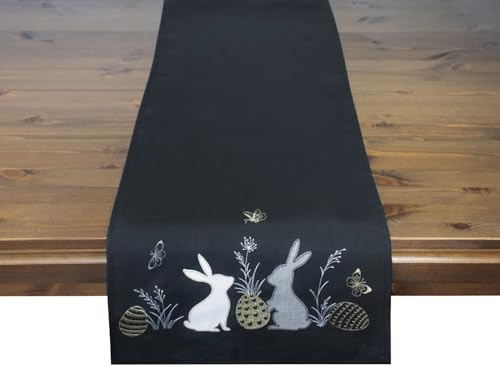 Tischläufer mit Osterhasen und Eiern, Motiv, Stickerei zu Ostern, Schwarz-Gold, Modern, 40x140 cm