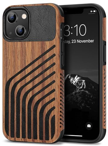 TENDLIN Coque Compatible avec iPhone 13 Mini Etui Hybride en Bois et Carbone et Cuir Compatible avec iPhone 13 Mini (Chevelure)