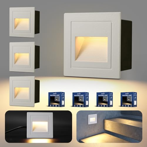Letlit 3W 300lm Segnapasso LED Esterno 4 Pezzi, IP65 Impermeabile Segnapassi, 3000K Faretti Segnapasso da Esterno, Luci per Scale 230V, Luce da Parete 85x85mm - Scatole Incasso 68mm, Alluminio Bianco