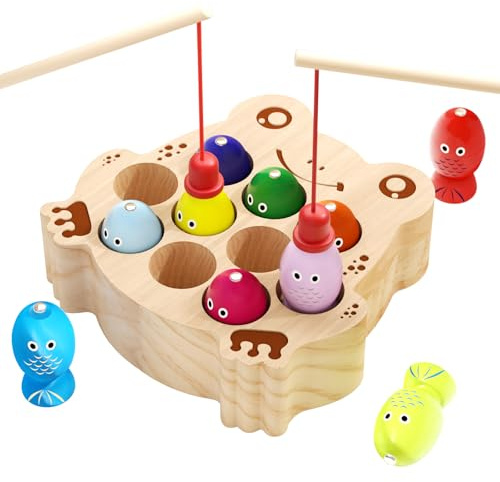 edutree Montessori Wooden Magnetic Fishing Game for Toddlers 1-3, Fishing Color Sorting Sensory Preschool Educational Learning Fine Motor Skills Toys for 2 3 4 Years Old Boys Girls