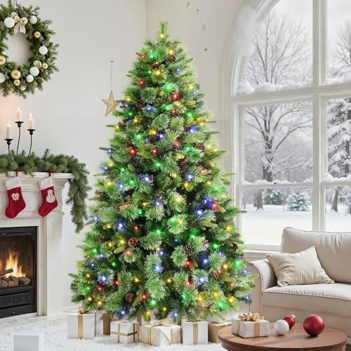 SHareconn 7ft Pre lit Premium Artificial Hinged Christmas Pine Tree with 380 Warm White & Multi-Color Lights, 12 Light Modes, 1654 Branch Tips and Foldable Metal Stand, Easy to Assemble