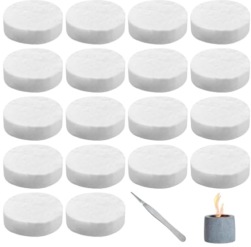 GOEDCH Laine céramique pour bioéthanol : 18 pièces éponge en céramique pour cheminée avec pince de 20 cm, 8,6 x 8,6 x 2,5 cm éponge ronde en céramique résistante à la chaleur, laine céramique, laine