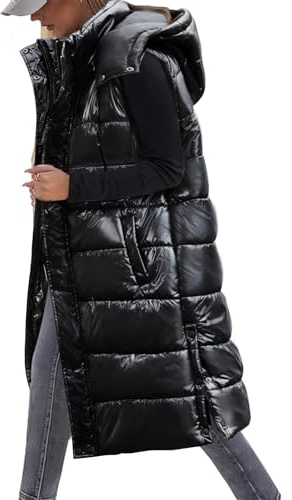 Vancavoo Gilet Donna Lungo Smanicato Invernale Giacca con Cappuccio Senza Maniche Caldo Piumino Lunga Imbottito Gilet con Tasche,Nero brillante,L