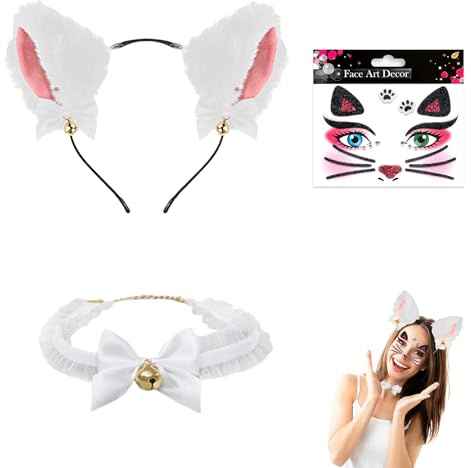 CLDURHGE Fascia con orecchie da gatto bianche, set accessori cosplay: fascia, cerchietto, collare con campanella e tattoo adesivo, per feste, Halloween e carnevale