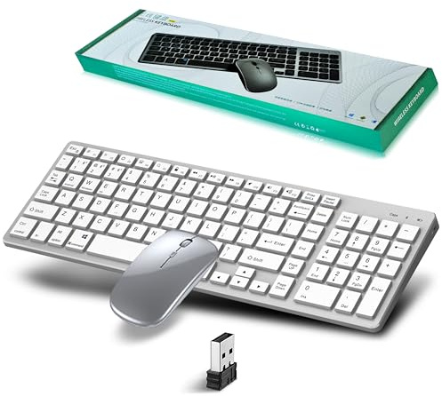 Ensembles Clavier Souris sans Fil Bluetooth & 2.4Ghz USB,Trois Modes,Quatre Canaux,Clavier et Souris sans Fil Rechargeable Silencieuse,Clavier Ultra-Fin avec Pavé Numérique pour PC/Laptop/Mac,QWERTY