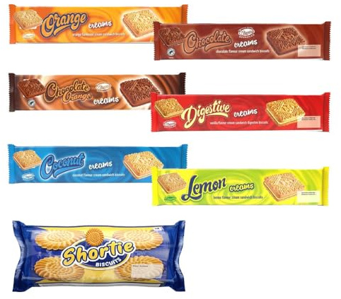 7 x Mixed Hilss Orange, Chocolate, Coconut, Chocolate Orange, Digestive, Lemon & Plain Shorties Creams Biscuits 150g