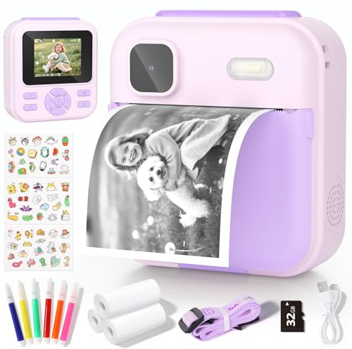 YOHOOLYO Sofortbildkamera Kinder 2,4 Zoll 1080P HD Kinderkamera mit 3 Rollen Druckpapier 32GB Karte Farbigen Stiften Aufkleber Geschenke für Jungen und Mädchen 3-12 Jahre (Violett)