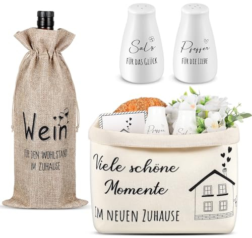 Sinmoe Einzugsgeschenke Haus Hochzeitsgeschenk für Brautpaar Geschenkkorb | Brotkorb, Salz- und Pfefferstreuer, Jute Weinbeutel, Karte, Einweihungsgeschenk, zur Richtfest Hauseinweihung Neue Wohnung