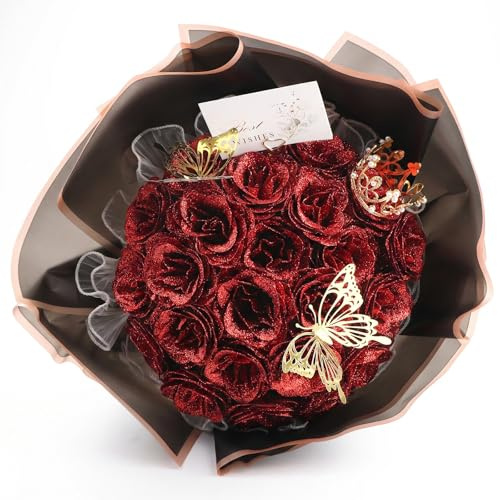 DRAKEWOOD Ramo de Rosas Purpurina Rojas con 24 Piezas Rosas Artificiales Burdeos Mariposa Corona y Tarjetas - Ramo de Flores Brillantes para San Valentín Compromiso Boda Aniversario día de la Madre