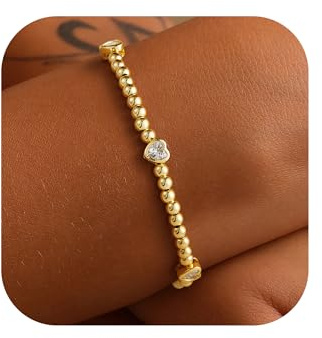 M MOOHAM Easter Gifts for Kids - Gold Beaded Bracelets, 14K Gold-Plated Dainty Heart Love Cubic Zirconia Stretch Bead Ball Bracelet for Women Teen Girls Trendy Women's Jewelry Gifts