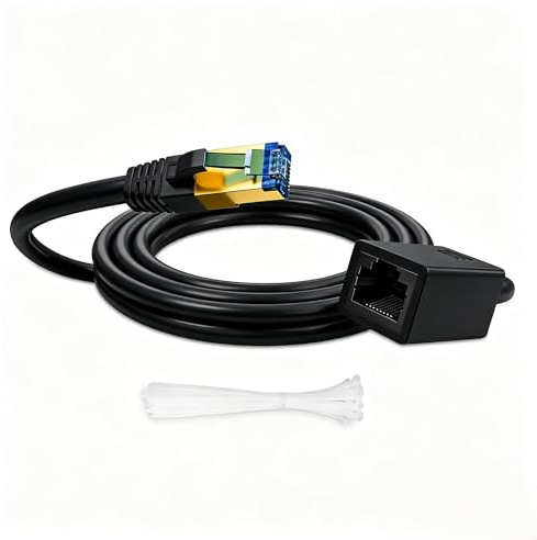 Werkybay Cat7 LAN- och Ethernet-förlängningskabel 0,3 m, 10 Gbps 600 MHz nätverkskabel, RJ45 hane till hona, S/FTP förlängningskabel för Cat5e/Cat6/Cat6a/Router/Switch etc, svart +15 kabelfästen
