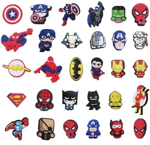Oirigaga Schuhanstecker für Clogs, 30 Stück Schuh Charms Cartoon Superhelden Schuhanhänger, DIY Schuh Pins Aufstecker Anstecker Set, Abnehmbare PVC Shoe Deko Zubehör für Kinder Jugendliche Erwachsene