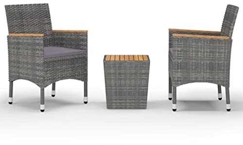 XHNIFBN 3-TLG. Bistro-Set Gartenmöbel aus Poly Rattan und massivem Akazienholz – Sitzgruppe für Balkon, Terrasse und Hinterhof – 2 Stühle mit Polster und Beistelltisch Grau
