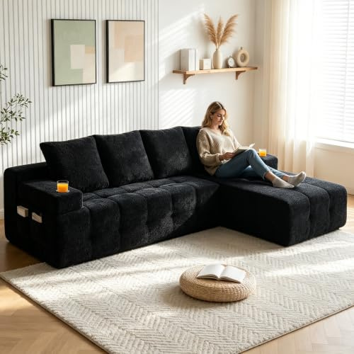 Nolirx 260 cm Canape dangle Convertible,Canapé Convertible 3 Places,Canapé d'angle Convertible avec 2 Porte-Gobelets,Poches Latérales, Canapé Modulable en Chenille avec Méridienne en L pour Salon,Noir