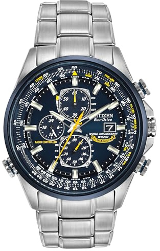 CITIZEN Men's Eco-Drive Sport Luxury World Chronograph Atomic Time Keeping Watch in Stainless Steel, Blue Dial (Model: AT8020-54L)