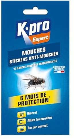 K.PRO EXPERT - Stickers Anti-mouches - Discret - Attire les Mouches - Tue par Contact - Action Immédiate - Efficace Jusqu'à 6 Mois - Techniques Professionnelles - 12 Bandes Adhésives