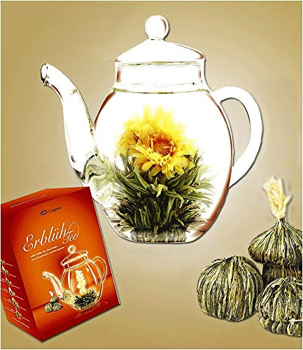 Creano Coffret Cadeau Fleur et Théière en Verre 500ml - 6 Boules de Thé Blanc avec Fleur - Ensemble Théière et Boules de Thé Fleuri - Taille: Hauteur 14 cm, Diamètre env. 10 cm