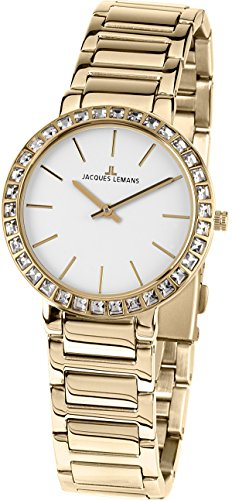 JACQUES LEMANS Damenuhr Milano Metallband massiv Edelstahl ip-Gold Swarovskisteine 1-1843.1E