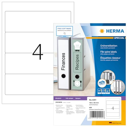 HERMA 4291 mappetiketter A4 ogenomskinlig, kort/bred (192 x 59 mm, 100 ark, papper, matt) självhäftande, utskrivbara, permanenta mappa ryggetiketter, 400 filetiketter, vit