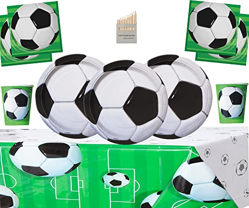 Football Party Tableware Pack Kids Birthday Party Decoration Including Football Plates, Cups, Napkins, Tablecloth- Serves 16