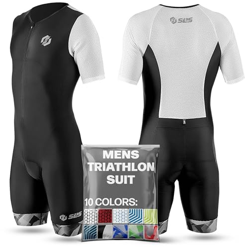 SLS3 Triathlon Men's Suit with Sleeves | Men's Short Sleeve Aero Tri Suit FX | 2 Pockets | Soft Chamois | Designed by Athletes for Athletes (Black/White Geo, L)